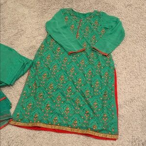 Salwar Kameez Pistachio and Orange Embroidered 3 Piece Set